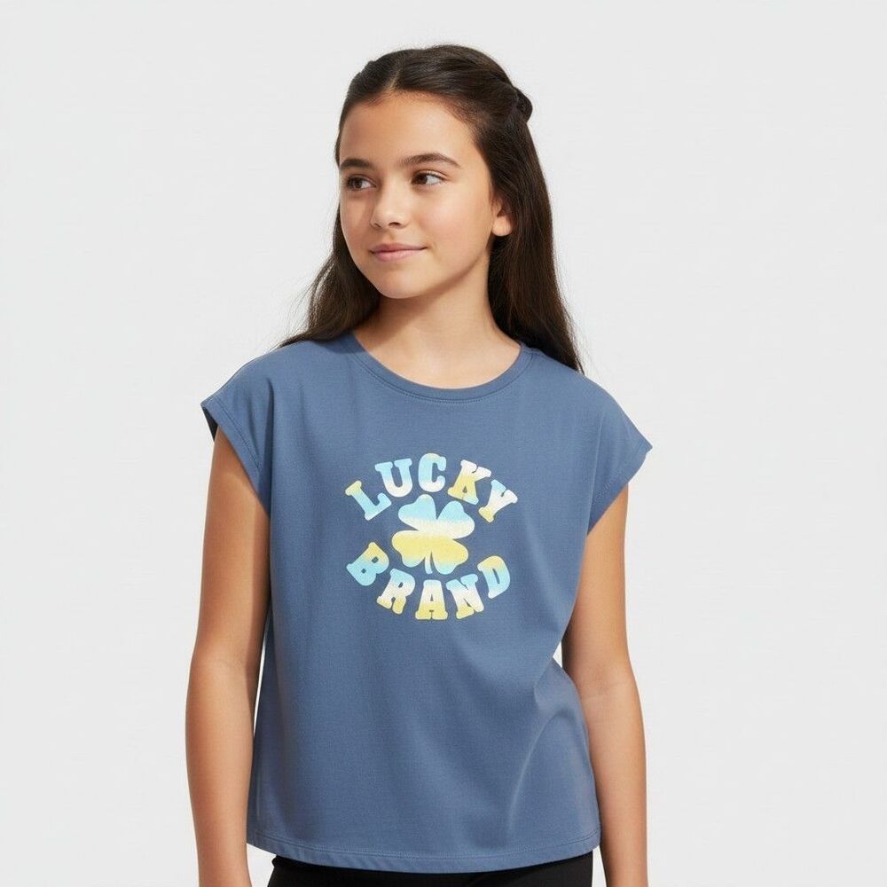 Lucky Brand Shirt Kids Small 7/8 Blue Graphic Clover  Sleeveless Flame Resistant